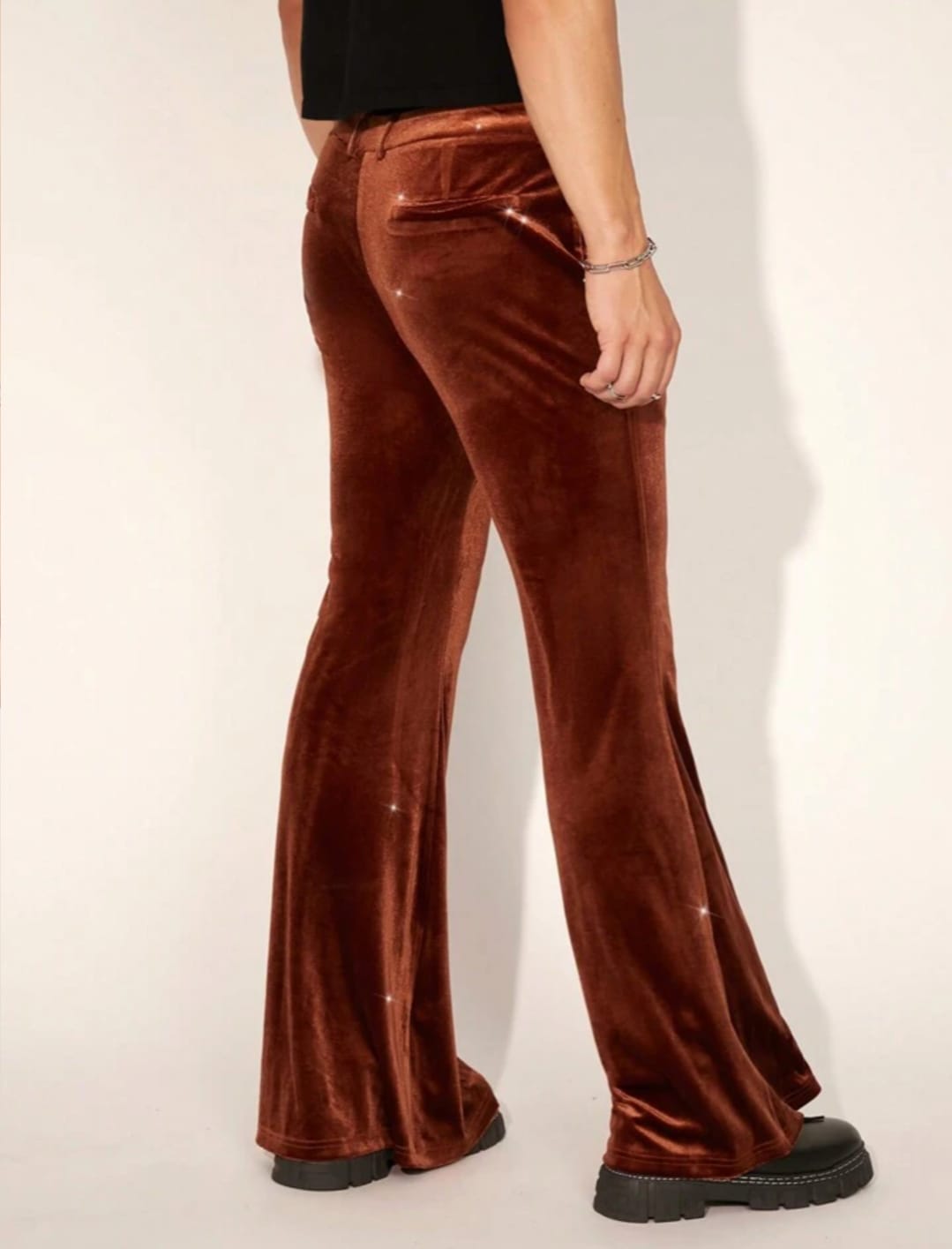 Men's Brown Velvet Flared Pants – Retro Wide-Leg Fashion Trousers